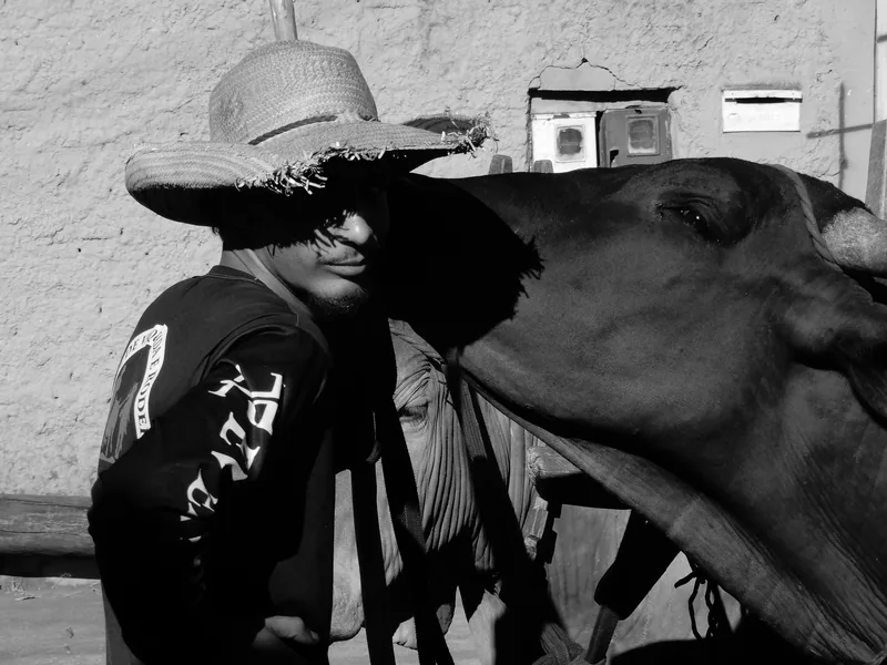 Fotografia em preto e branco, no formato horizontal.