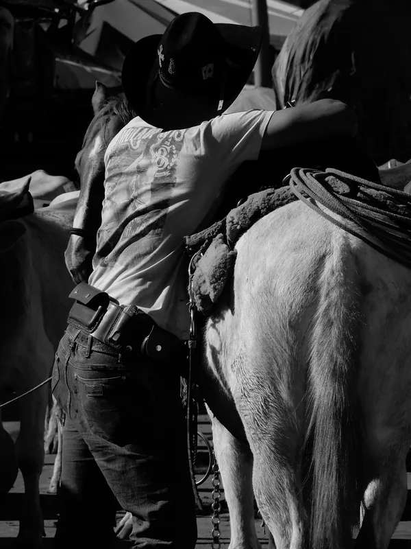 Fotografia em preto e branco, no formato vertical, mostrando um homem em pé apoiado no dorso do seu cavalo, ambos quase de costas para o observador.